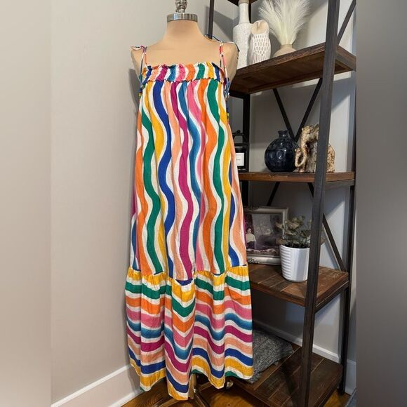 Farm Rio Women’s Dancing Stripes Tassel-Tie Midi Dress Multicolored Size XS - Picture 2 of 12
